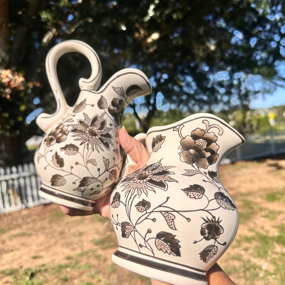 Vintage Floral Ceramic Wall Pocket Set Cream Sepia Crackle Glaze Hanging Vases